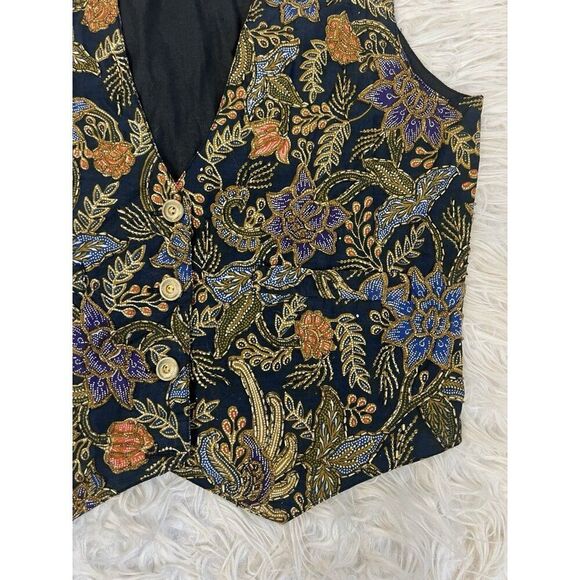 Theo Vintage Whimsical Beaded Floral Bird Three Button Women’s Blue Vest Medium - Picture 8 of 9